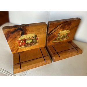 Antique Arts Crafts Wood Bookend Rustic Trains VTG